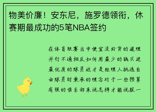 物美价廉！安东尼，施罗德领衔，休赛期最成功的5笔NBA签约