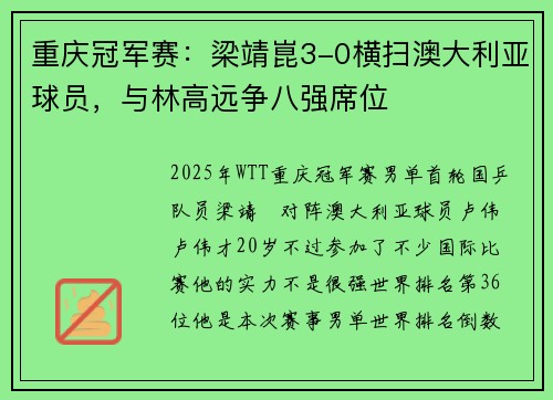 重庆冠军赛：梁靖崑3-0横扫澳大利亚球员，与林高远争八强席位